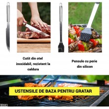 Set Ustensile Gratar Profesionale EDAR, 5 Piese, Otel Inoxidabil, Servieta Depozitare, Pensula, Cutit, Furculita, Clesti, Per...