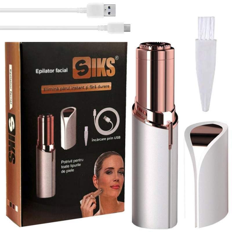 Epilator SIKS® Pentru Eliminarea Parului Facial Cu Led Si Incarcare Prin Cablu USB, Alb