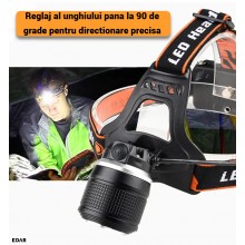 Lanterna frontala EDAR cu Zoom, 3 Moduri de Iluminare, Lumina Alba si Albastra, Reglabila 90°, Rezistenta la Apa, cu 2 Acumul...