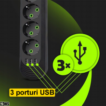 Prelungitor Priza Cu USB Si 5 Prize Schuko Pentru Casa Si Birou SIKS, 3 Porturi USB, In Total 8 Iesiri, Putere Maxima 2500W, ...
