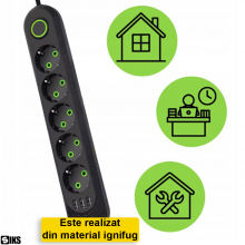 Prelungitor Priza Cu USB Si 5 Prize Schuko Pentru Casa Si Birou SIKS, 3 Porturi USB, In Total 8 Iesiri, Putere Maxima 2500W, ...