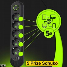Prelungitor Priza Cu USB Si 5 Prize Schuko Pentru Casa Si Birou SIKS, 3 Porturi USB, In Total 8 Iesiri, Putere Maxima 2500W, ...