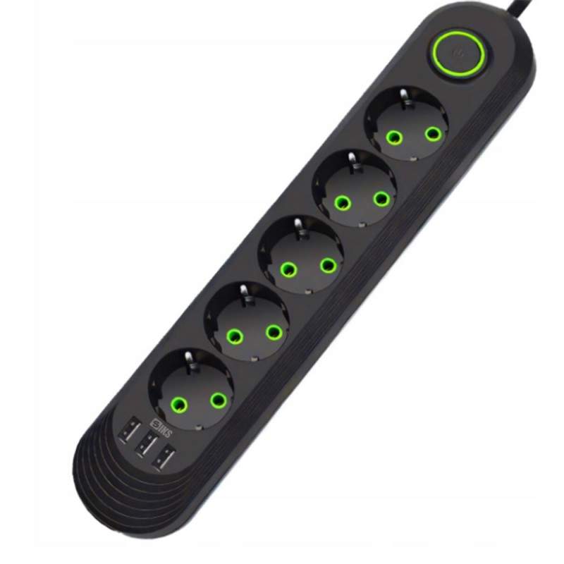 Prelungitor Priza Cu USB Si 5 Prize Schuko Pentru Casa Si Birou SIKS, 3 Porturi USB, In Total 8 Iesiri, Putere Maxima 2500W, ...