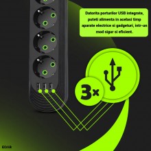 Prelungitor EDAR cu 5 Prize Schuko si 3 Porturi USB, 8 Iesiri, 2500W, Material Ignifug 750°C, Protectie Copii, Buton On/Off, ...