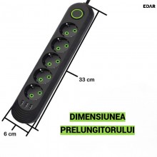 Prelungitor EDAR cu 5 Prize Schuko si 3 Porturi USB, 8 Iesiri, 2500W, Material Ignifug 750°C, Protectie Copii, Buton On/Off, ...