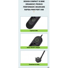 Prelungitor EDAR cu 5 Prize Schuko si 3 Porturi USB, 8 Iesiri, 2500W, Material Ignifug 750°C, Protectie Copii, Buton On/Off, ...
