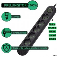 Prelungitor EDAR cu 5 Prize Schuko si 3 Porturi USB, 8 Iesiri, 2500W, Material Ignifug 750°C, Protectie Copii, Buton On/Off, ...