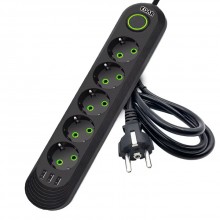 Prelungitor EDAR cu 5 Prize Schuko si 3 Porturi USB, 8 Iesiri, 2500W, Material Ignifug 750°C, Protectie Copii, Buton On/Off, ...