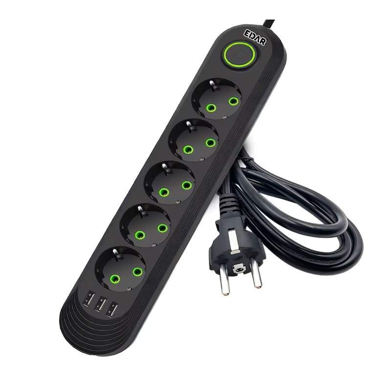 Prelungitor EDAR cu 5 Prize Schuko si 3 Porturi USB, 8 Iesiri, 2500W, Material Ignifug 750°C, Protectie Copii, Buton On/Off, ...
