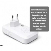 Sonerie Fara Fir EDAR Wireless, Rezistenta la Apa, Volum Reglabil, 36 Melodii, Montaj Fara Gauri, Cu Baterii si/sau Priza, Ar...