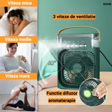 Ventilator Portabil 3 în 1 EDAR, Racire Camera cu Pulverizare Apa, Umidificare si Iluminare LED, Difuzor Aromaterapie, 10W, U...
