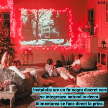 Instalatie De Craciun LED EDAR, Liniara Interior/Exterior, Rola 80m, 8 Jocuri De Lumini, Fir Negru, Culoare Lumina Rosie