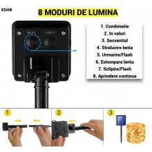 Instalatie Luminoasa Solara de Craciun EDAR, 200 LED-uri Alb Cald, 20 m, Fir de Cupru, Panou Solar, Interior/Exterior