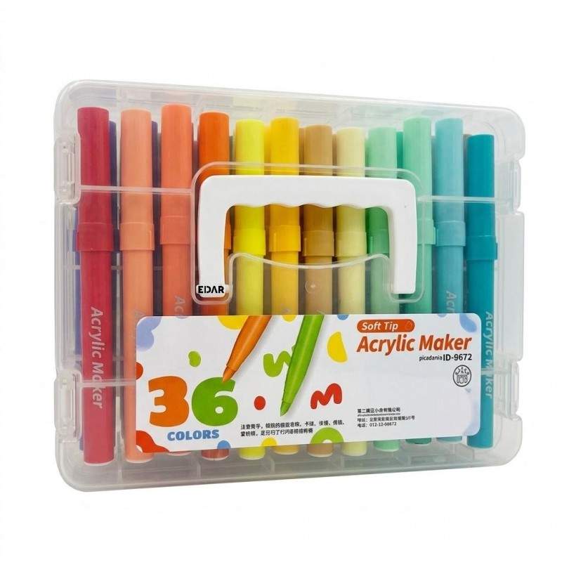 Set 36 Markere Acrilice EDAR cu Varf Pensula Soft, Culori Vibrante Lavabile si Non-Toxice, Cutie Organizatoare cu Maner, pent...