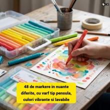 Set SIKS Markere Acrilice Scoala, 48 Piese Cu Varf Tip Pensula, 48 De Culori Vibrante, Lavabile Si Non Toxice, Cutie Organiza...