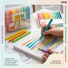 Set 48 Markere Acrilice EDAR cu Varf Pensula Soft, Culori Vibrante Lavabile si Non-Toxice, Cutie Organizatoare cu Maner, pent...