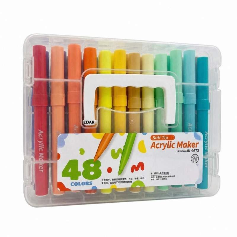 Set 48 Markere Acrilice EDAR cu Varf Pensula Soft, Culori Vibrante Lavabile si Non-Toxice, Cutie Organizatoare cu Maner, pent...