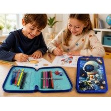 Penar scolar echipat SIKS, 3 compartimente, 34 piese, model Astronaut 3D, albastru