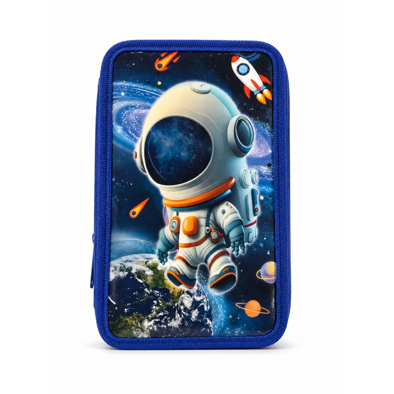 Penar scolar echipat SIKS, 3 compartimente, 34 piese, model Astronaut 3D, albastru