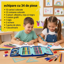 Penar scolar echipat SIKS, 3 compartimente, 34 piese, model Astronaut 3D, albastru