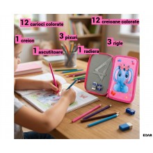 Penar Scolar Echipat EDAR, 3 Compartimente, 34 Piese - Creioane Colorate, Carioci, Pixuri, Rigle, Model Elefantica 3D, Pentru...