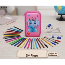 Penar Scolar Echipat EDAR, 3 Compartimente, 34 Piese - Creioane Colorate, Carioci, Pixuri, Rigle, Model Elefantica 3D, Pentru...
