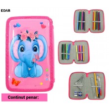 Penar Scolar Echipat EDAR, 3 Compartimente, 34 Piese - Creioane Colorate, Carioci, Pixuri, Rigle, Model Elefantica 3D, Pentru...