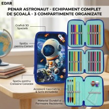 Penar Scolar Echipat EDAR, 3 Compartimente, 34 Piese - Creioane Colorate, Carioci, Pixuri, Rigle, Model Astronaut 3D, Pentru ...