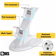 Statie de Incarcare Dubla Compatibila PS5 pentru 2 Controllere, SIKS, Suport Vertical cu Indicator LED, Alb