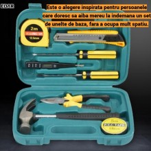 Trusa Scule si Unelte de Mana EDAR, 8 Piese, Set Universal pentru Reparatii si Bricolaj, Ciocan, Patent, Surubelnite, Cutter,...