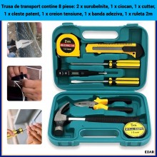 Trusa Scule si Unelte de Mana EDAR, 8 Piese, Set Universal pentru Reparatii si Bricolaj, Ciocan, Patent, Surubelnite, Cutter,...