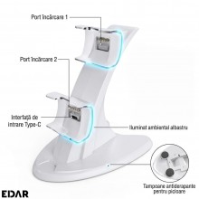 Statie de Incarcare Dubla Compatibila PS5 pentru 2 Controllere, EDAR, Suport Vertical cu Indicator LED, Alb