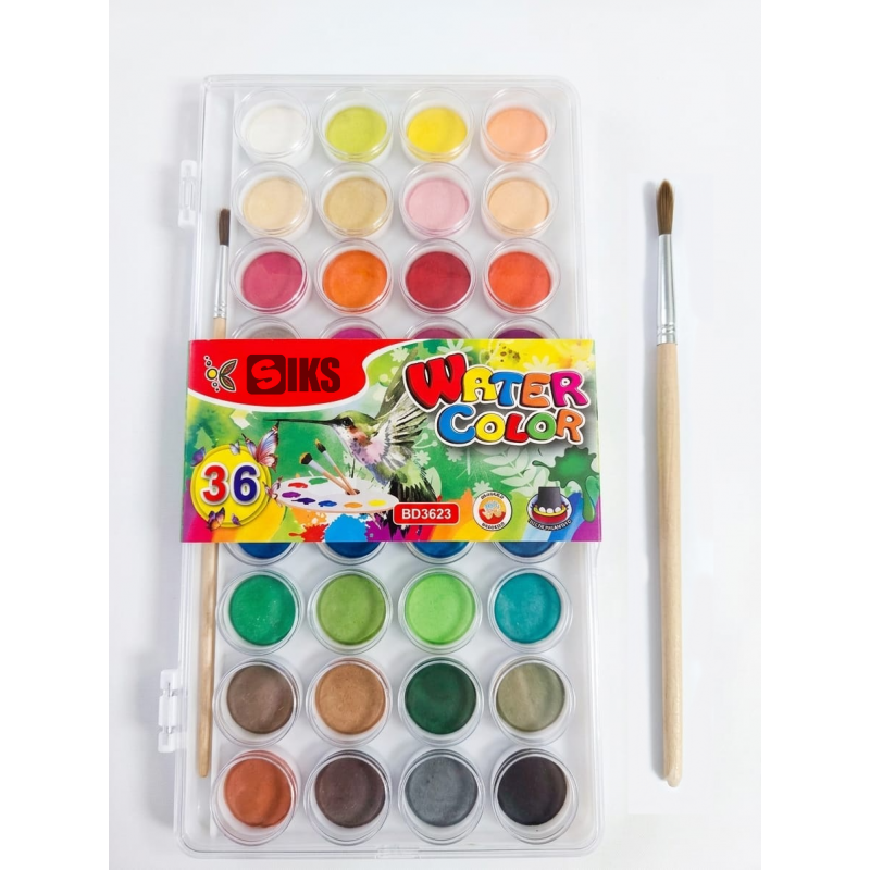 Set Acuarele SIKS, 36 Culori, Pastile rotunde, Non-Toxice si Lavabile, Carcasa Plastic cu Capac Transparent, Multicolor