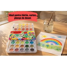 Set Acuarele EDAR, 36 Culori Vibrante, Pastile Rotunde Non Toxice si Lavabile, Carcasa Plastic cu Capac Transparent, Multicolor