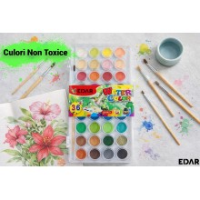 Set Acuarele EDAR, 36 Culori Vibrante, Pastile Rotunde Non Toxice si Lavabile, Carcasa Plastic cu Capac Transparent, Multicolor