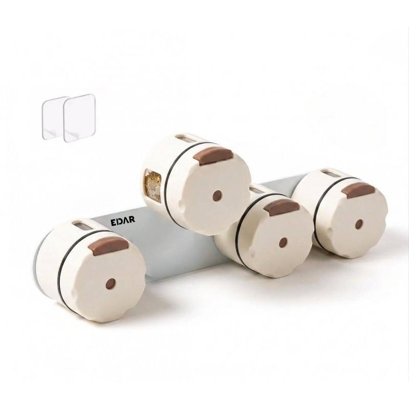 Set Organizator Magnetic pentru Condimente EDAR, 4 Recipiente pentru Perete, Dozare One Touch 0, 5 g, Plastic Alimentar, Alb/...