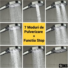 Para de Dus Multifunctionala Patrata SIKS, 7 Moduri Pulverizare ,Stop Apa, Butoane Control, Duze Silicon Anticalca, Negru/Arg...