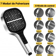 Para de Dus Multifunctionala Patrata SIKS, 7 Moduri Pulverizare ,Stop Apa, Butoane Control, Duze Silicon Anticalca, Negru/Arg...