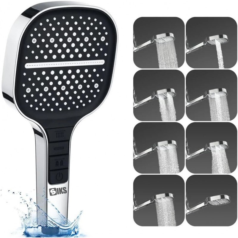 Para de Dus Multifunctionala Patrata SIKS, 7 Moduri Pulverizare ,Stop Apa, Butoane Control, Duze Silicon Anticalca, Negru/Arg...