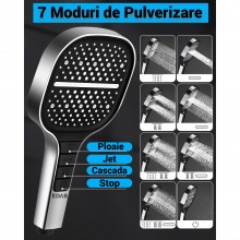 Para de Dus Multifunctionala Patrata Edar, 7 Moduri Pulverizare, Buton Stop Apa, Duze Silicon Anticalcar, Control prin Butoan...