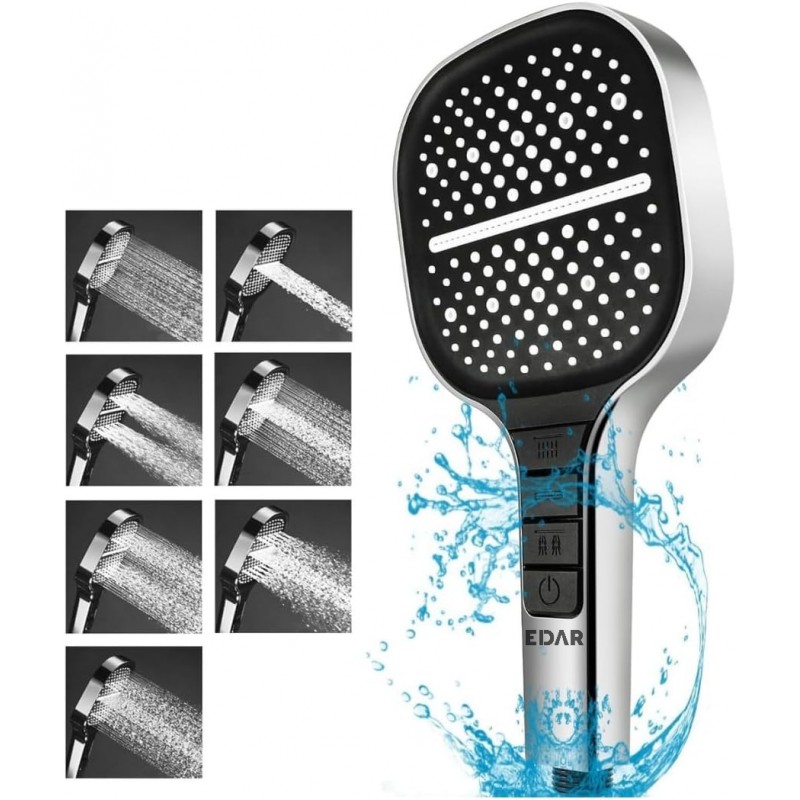 Para de Dus Multifunctionala Patrata Edar, 7 Moduri Pulverizare, Buton Stop Apa, Duze Silicon Anticalcar, Control prin Butoan...