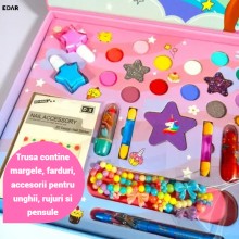Cadou Zi de Nastere pentru Fetite EDAR 2 in 1, Set Machiaj Copii 29 Piese, Cosmetice Lavabile si Non-Toxice, Farduri, Rujuri,...
