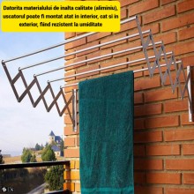 Uscator De Rufe Retractabil De Perete SIKS Latime 120 Cm, 5 Bare De Aluminiu, 6 Metri Capacitate Intins Rufe, Suport Pliabil ...