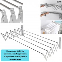 Uscator de Rufe Retractabil EDAR, Montaj pe Perete, 120 cm, 5 bare Aluminiu, 6 m Spatiu Uscare, Pliabil Tip Acordeon, Argintiu