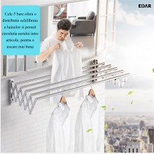 Uscator de Rufe Retractabil EDAR, Montaj pe Perete, 120 cm, 5 bare Aluminiu, 6 m Spatiu Uscare, Pliabil Tip Acordeon, Argintiu Uscator de Rufe Retractabil EDAR, Montaj pe Perete, 120 cm, 5 bare Aluminiu, 6 m Spatiu Uscare, Pliabil Tip Acordeon, Argintiu