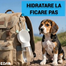Sticla Apa Portabila pentru Caini si Pisici Edar, 500 ml, Bol Integrat, Sistem Anti-Scurgere, Snur Prindere, Alb