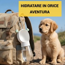 Sticla Apa Portabila pentru Caini si Pisici SIKS, 500 ml, Bol Integrat, Sistem Anti-Scurgere, Snur Prindere, Alb