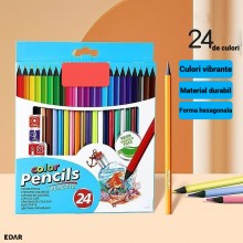 Set Creioane Colorate EDAR, 24 Bucati, Corp Hexagonal fara Lemn, Culori Intense, pentru Scoala, Gradinite si Activitati Creat...