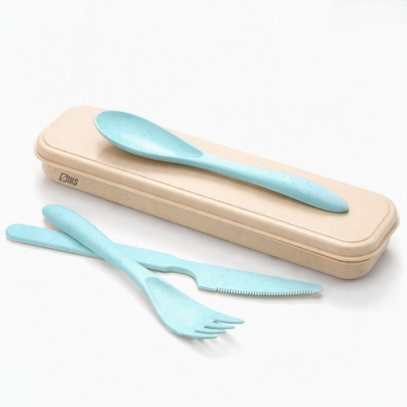 Set Tacamuri Portabile SIKS, 3 Piese, Lingura, Furculita, Cutit, Cutie Depozitare, Albastru