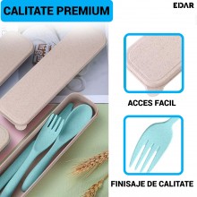 Set Tacamuri Portabile EDAR, 3 Piese, Lingura, Furculita, Cutit, Cutie Depozitare, Albastru